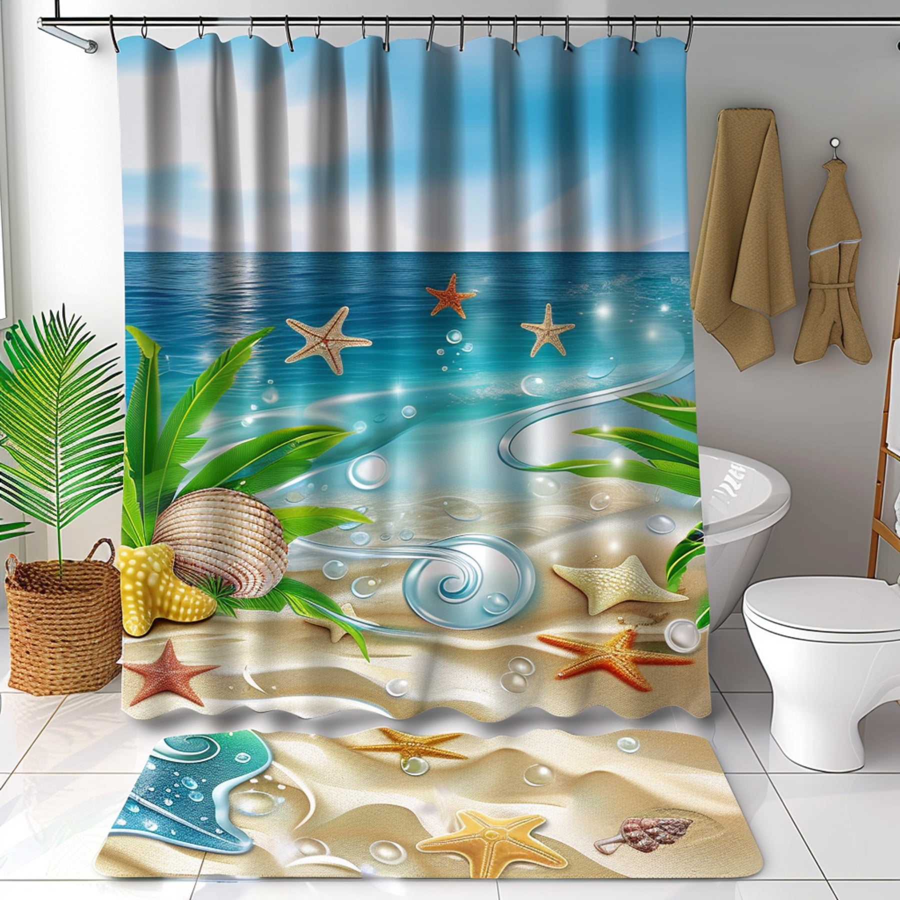 Beach Themed Cartoon Ocean Scene Shower Curtain Set Vibrant Colors