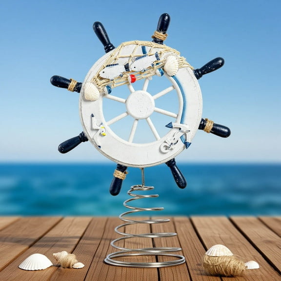 Beach Themed Christmas Tree Topper, Ship Wheel Tree Topper with Shells and Fishing Net, Coastal Christmas Decorations