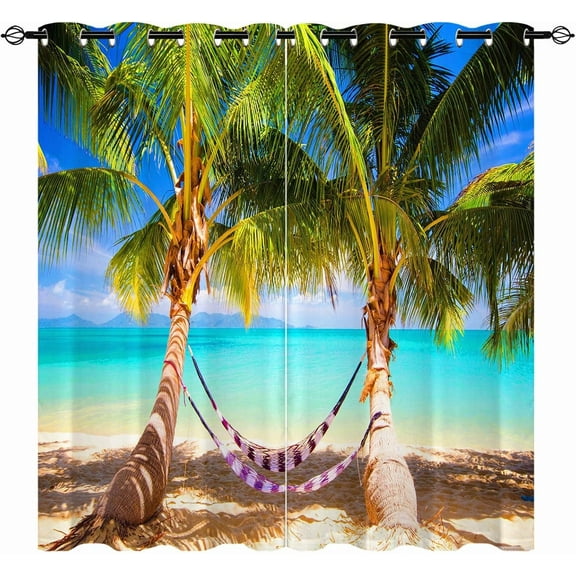 Beach Themed Curtains, Tropical Coastal Hawaiian Palm Trees Ocean Landscape Pattern Waterproof Grommet Window Drapes for Bedroom Living Room Laundry Room Closet Cafe 2 Panels W52 x L84