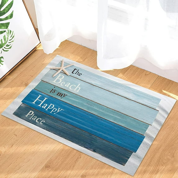 Beach Themed Doormats Rugs-The Beach is My Happy Place - Plank Board Sign with Starfish Non-Slip Indoor/Outdoor/Front Door/Bathroom Mats 16X24 Inch Entrance Kitchen Floor Mat