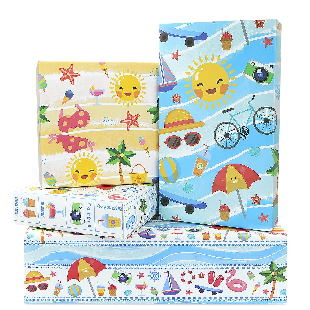Beach Themed Gift Wrap Paper - 4 Sheet Summer Kraft Wrapping Paper 28x20 Inches