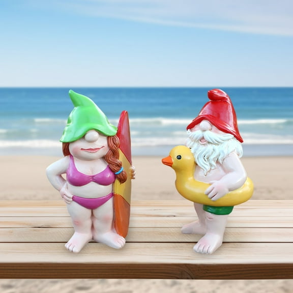 Beach - Themed Gnome Couple Statues, Surfing Resin Gnome Figurines, Outdoor Garden & Lawn Decor Ornaments