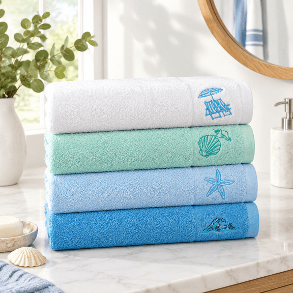 Beach Themed Hand Towels, 4 Pack, 29x13 Inch, 100% Cotton for Bath Decor