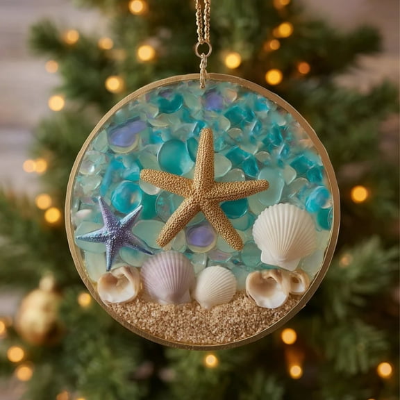 Beach Themed Hanging Ornament, Seashell Sea Glass Christmas Tree Decoration for Coastal Home Dcor & Holiday Gift