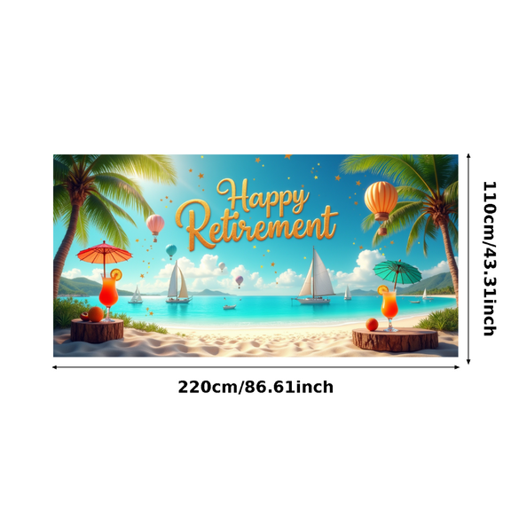 Beach Themed Happy Retirement Banner with Sailing Boats Balloons and Stars Party Decoration Backdrop for Retirement Parties Photo Shoots and Celebration Events