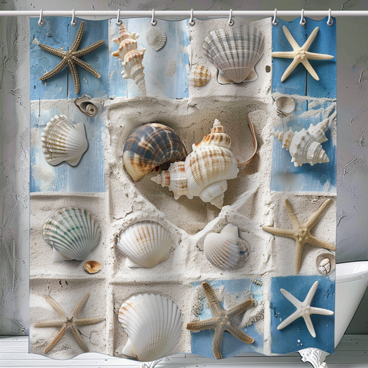 BeachThemed Heart Seashell Starfish Shower Curtain Blue Beige Bathroom Decor White Sand Texture