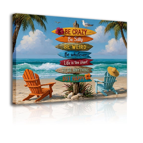 Beach-Themed Inspirational Canvas Wall Art with Frame – Coastal Style Decorative Sign – "Life Is Short, Be Happy" Beach Poster – Tropical Beach Style – Summer Coastal Home Wall Decor