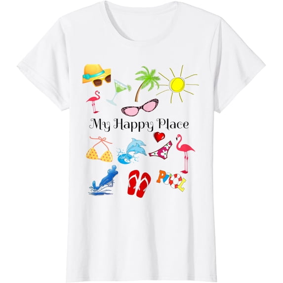 Beach Themed 'My Happy Place' Ocean Sea Reunion Vacation Tee T-Shirt