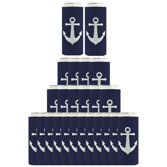 Beach Themed Party Favors Classic Navy Nautical Boating Anchor 24-Pack Ultra Slim Can Drink Thermocoolers