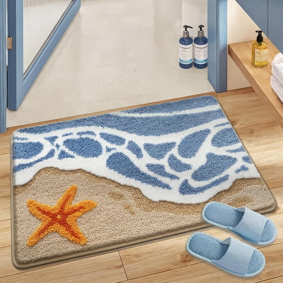 Beach-Themed Plush Bath Mat, Starfish Story Non-Slip Rug with Non-Slip Backing, Soft Absorbent Polyester Floor Mat for Bathroom, Machine Washable Bath Mats 20 x 31 Inches
