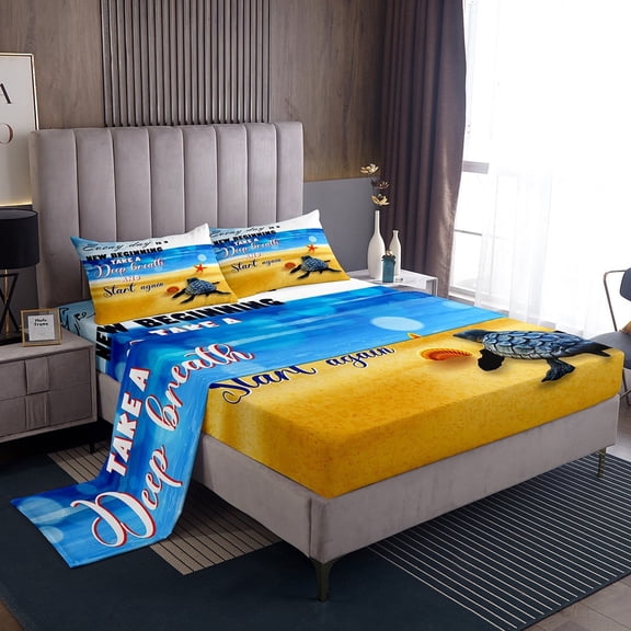 Beach Themed Sheetss Twin, Sea Turtle Tortoise Bed Sheets Set Sea Shell Starfish Ocean Animal Sheet Set Teens Adult, Coastal Creature Flat Fitted Sheet 3Pcs With 1 Pillow Case