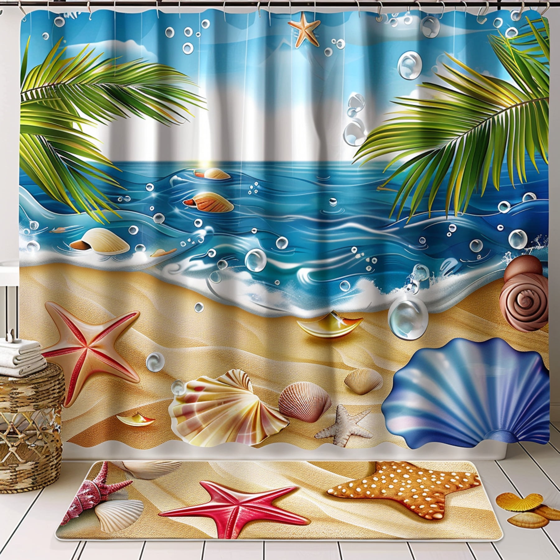 Beach Themed Shower Curtain Set Colorful Ocean Scene with Starfish