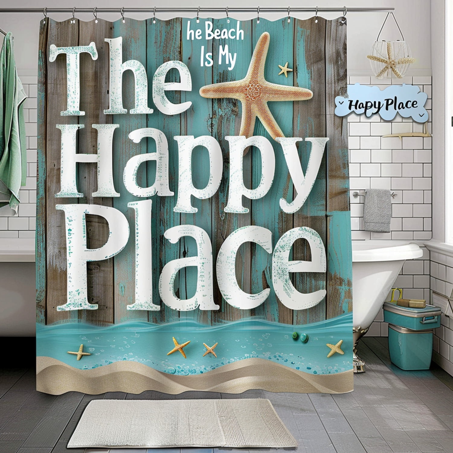 Beach Themed Shower Curtain Set Rustic Wood Background with Starfish