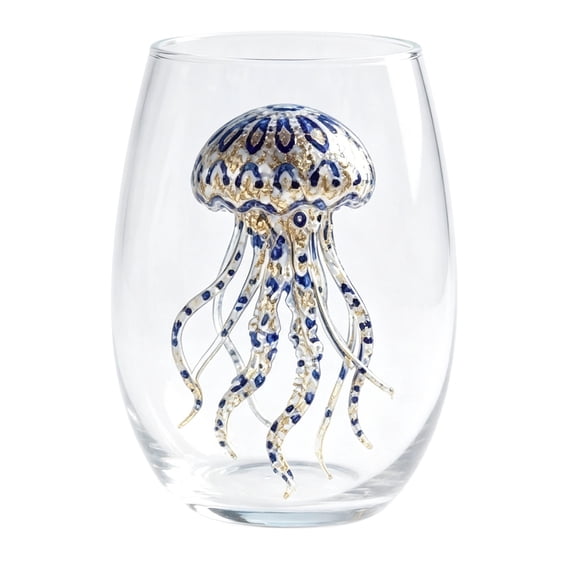 Beach Themed Stemless Wine Glasses Set – Detailed Sea Turtle & Jellyfish, Comfortable Tumbler for Red Wine or Water, Thoughtful Hostess Gift