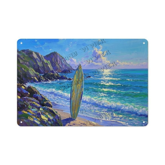 Beach-Themed Surfboard Metal Sign  8x12 Inch Tin Wall Art for Garage, Living Room, or Outdoor Patio  Gift for Surfers, Beach Lovers, and Coastal Decor Fans