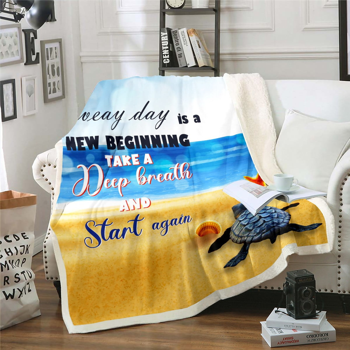 Beach Themed Throw Blanket, Sea Turtle Tortoise Sherpa Blanket Baby