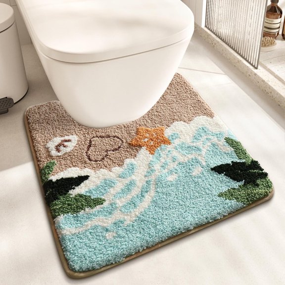 Beach-Themed U-Shaped Toilet Mat, Coastal Non-Slip Bath Rug with Wave Design & Footprints, Soft Absorbent Microfiber Floor Mat for Toilet Base, Machine Washable Bathroom Decor 22x20 Inch