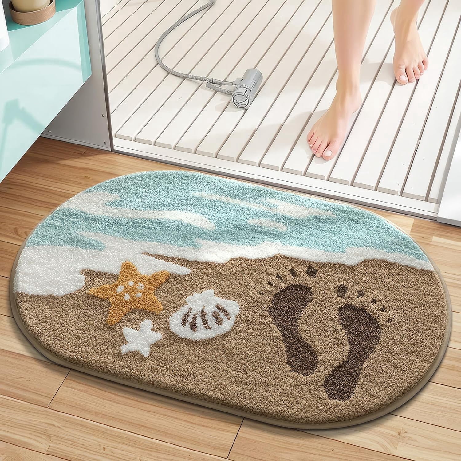 Beach-Themed Ultra-Plush Bath Mat, Wave Sand Shells Bathroom Rugs with Non-Slip Backing, Absorbent Microfiber Starfish Bath Rug, Machine Washable Coastal Bath Mats for Home Decor 20x32In