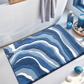 Beach-Themed Ultra-Thick Absorbent Bath Mat, Wave Sand Shell Bathroom Rugs with Non-Slip Backing, Absorbent Microfiber Starfish Bath Rug, Machine Washable Bath Mats for Home Decor 16 x 24 Inch