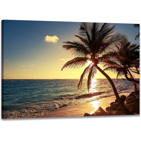 Beach Themed Wall Art Sunset at Blue Ocean Prints Canvas Tropical Palm Tree Pictures Artwork for Bathroom Framed Ready to Hang12x16inches