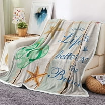 Beach Throw Blanket, Starfish Flip Flops and Life is Better at The Beach Word on Rustic Wooden Board Fleece Blanket, Summer Coastal Farmhouse Soft Plush Blanket, 50X60IN