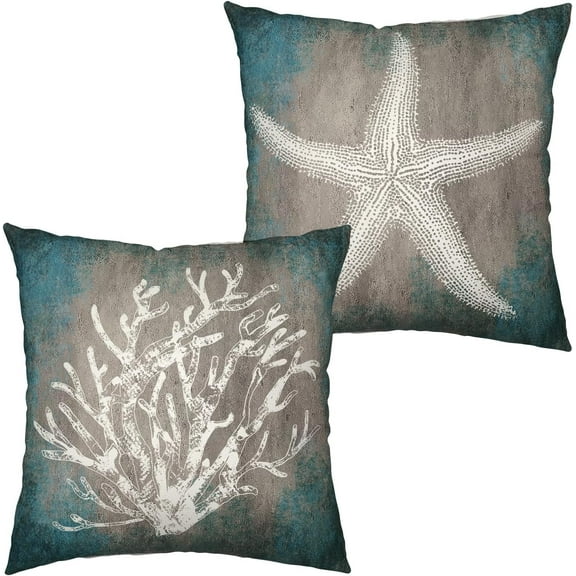 Beach Throw Pillow Covers 16 X 16 Inch Pack of 2,Summer Ocean Themed Coral Starfish Decorative Pillow Cases Farmhouse Nautical Coastal Cushion Cover for Couch Sofa Patio Bedroom