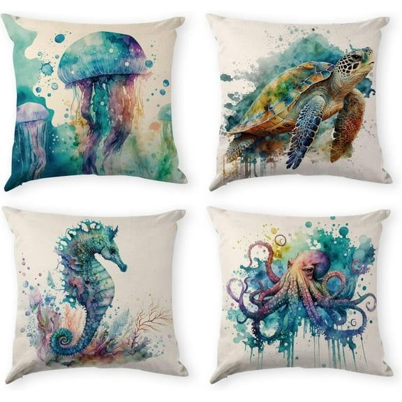 Beach Throw Pillow Covers 18x18 Set of 4, Ocean Themed Sea Turtle Seahorse Octopus Jellyfish Pillow Covers for Couch Sofa Bed Home Decor Square Coastal Pillowcase Outdoor Patio Furniture Cushion Cases