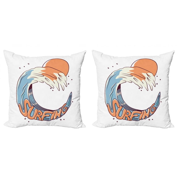 Ambesonne Beach Throw Pillow Cover 2 Pack, Surfing Giant Ocean Wave Art, 18", Peach Blue