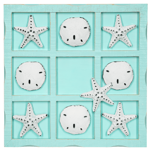Beach Tic Tac Toe Game - 9" X 9" Seafoam Blue Tic Tac Toe Decor Home W/ White Resin Starfish & Sand Dollars - Real Wooden Tic Tac Toe Game - Tic Tac Toe Coffee Table Game - Nautical Board Game