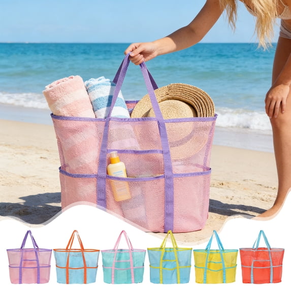 Beach Tote Bag,Mesh Storage Pouch,Large Capacity Handheld Bag,Perfect for Beach Swimwear Storage Daily Commuting Shopping Travel with Soft Pleated Polyester and Wide Comfortable Handle(Blue)