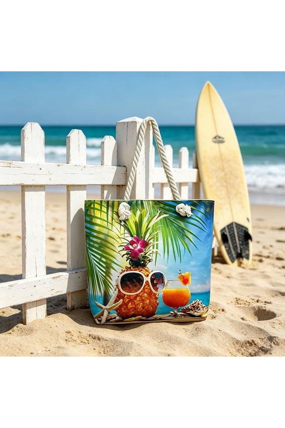 Beach Tote Bag with Pineapple Print, Large Waterproof Canvas Beach Bag with Rope Handles, Reusable Shoulder Tote for Pool, Travel, Grocery and Summer Activities C