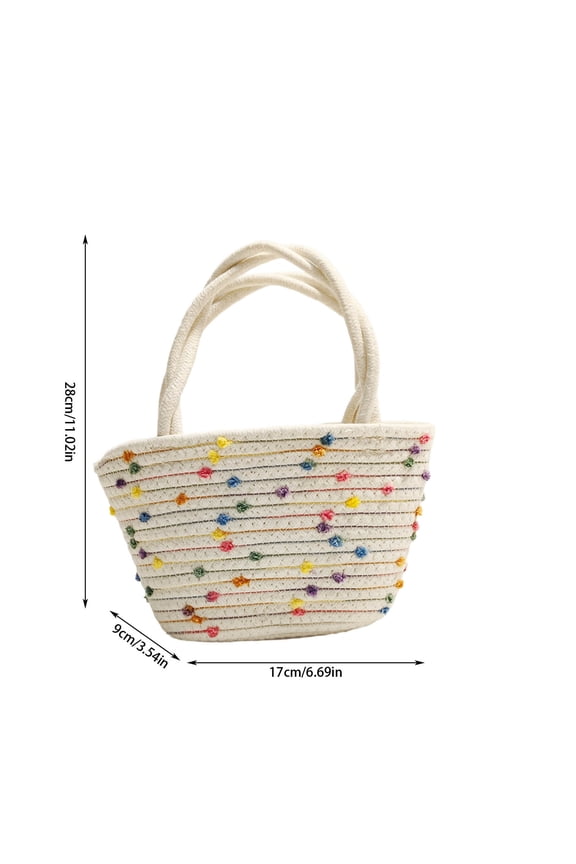 Beach Tote Bag Woven Cotton Thread Design with Rainbow Handles 28 cm Height 17 cm Length 210 g Weight