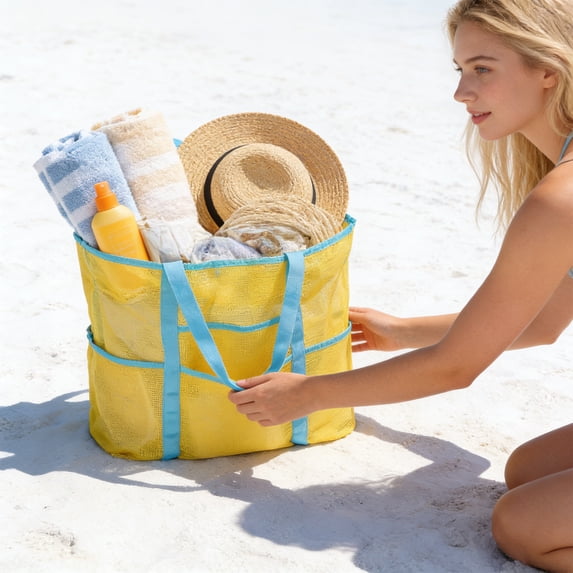 Beach Tote Bag for Swimwear & Towels, Large Mesh Storage Organizer for Pool, Gym, and Travel, Yellow, by IHXORA