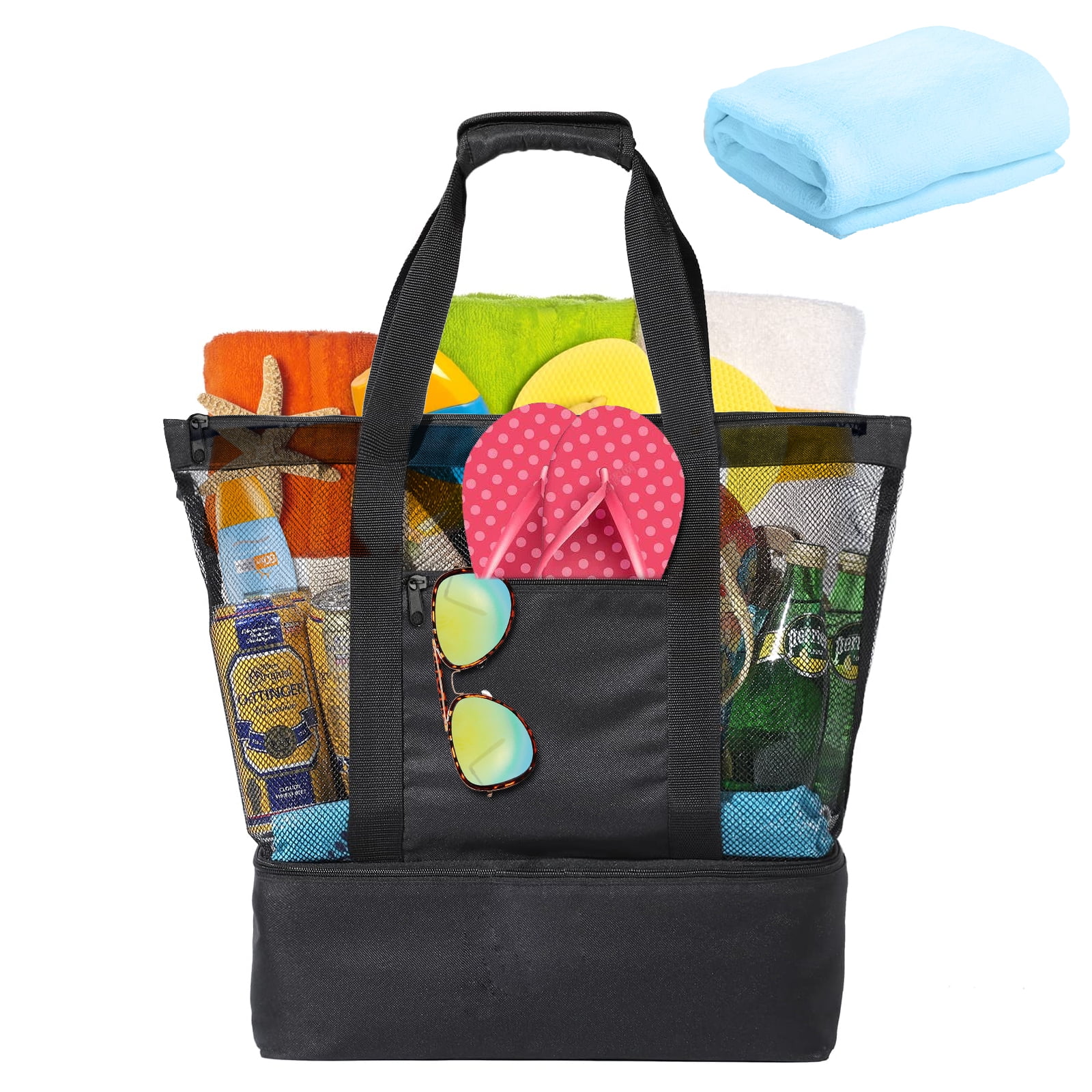 Beach Tote Bag for Women, Black Large Mesh Beach Bag with Cooler for