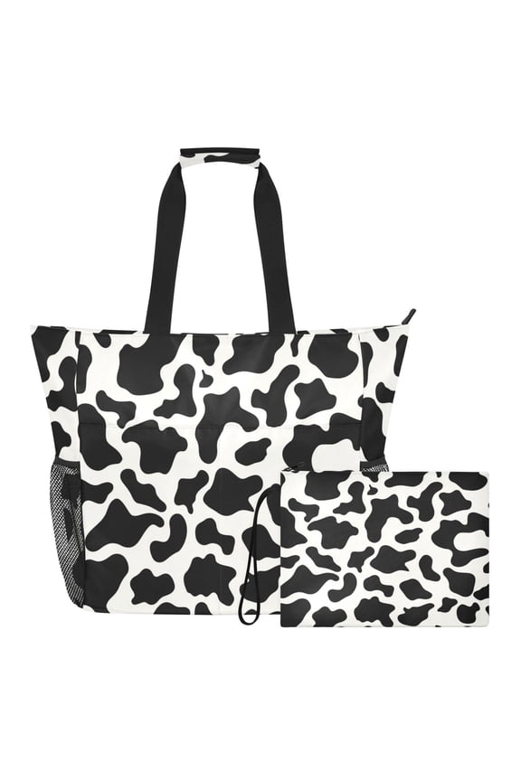 Beach Tote Bag with Waterproof Wet Pocket & Detachable Pouch for Pool Gym Travel Black Teardrop Pattern