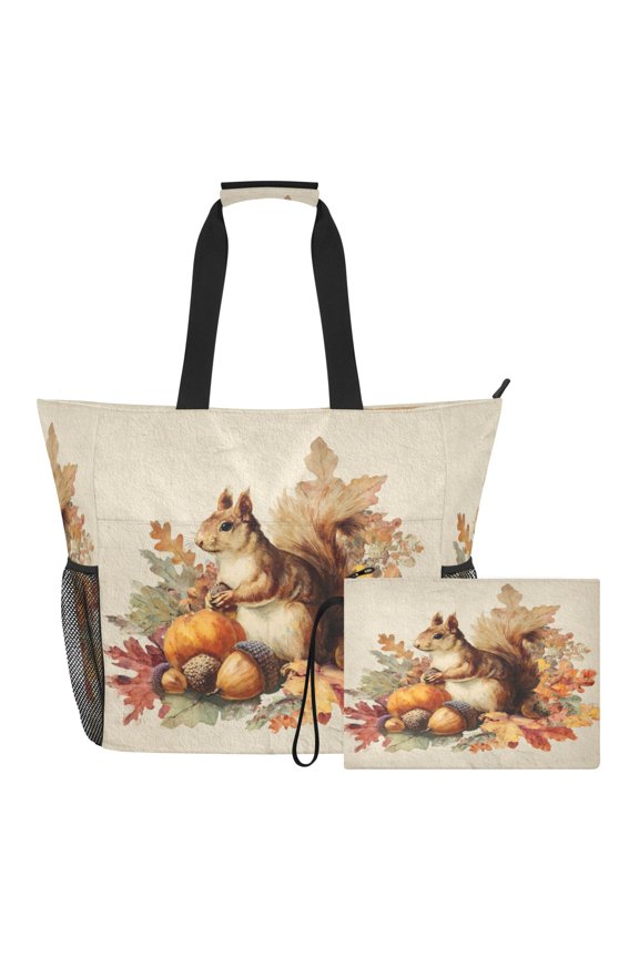 Beach Tote Bag with Waterproof Wet Pocket & Detachable Pouch for Pool Gym Travel Cute Squirrel with Acorns