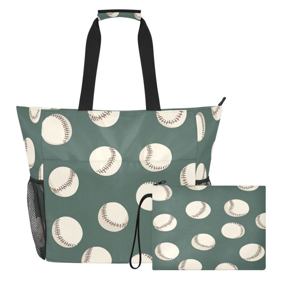 Beach Tote Bag with Waterproof Wet Pocket & Detachable Pouch for Pool Gym Travel Green Baseball Pattern