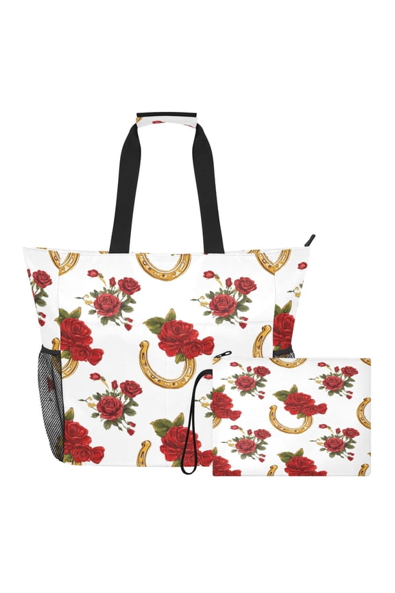 Beach Tote Bag with Waterproof Wet Pocket & Detachable Pouch for Pool Gym Travel Horseshoe Pattern with Red Roses