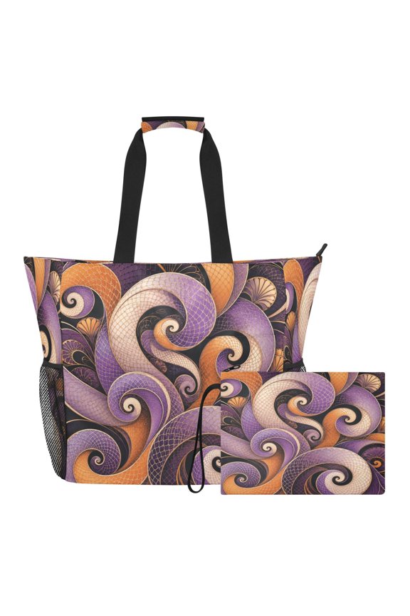 Beach Tote Bag with Waterproof Wet Pocket & Detachable Pouch for Pool Gym Travel Multiple Helical Coiled Pattern