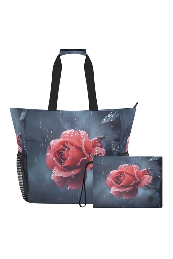 Beach Tote Bag with Waterproof Wet Pocket & Detachable Pouch for Pool Gym Travel Red Roses Blooming in The Rain