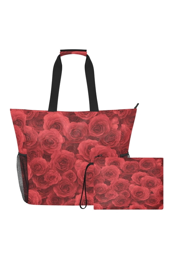 Beach Tote Bag with Waterproof Wet Pocket & Detachable Pouch for Pool Gym Travel Romantic Red Roses in Rows