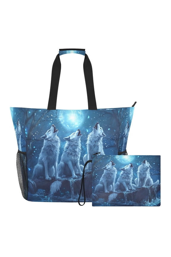 Beach Tote Bag with Waterproof Wet Pocket & Detachable Pouch for Pool Gym Travel Three Blue Wolves