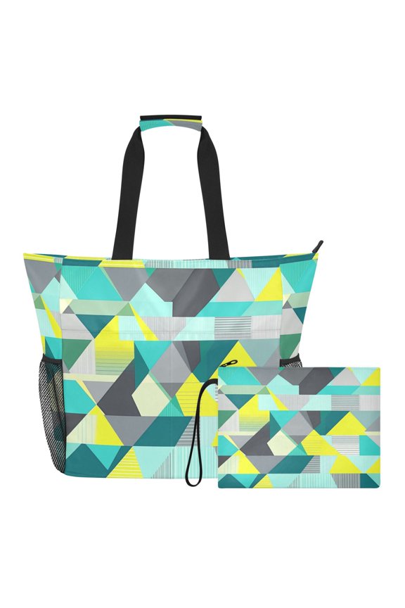 Beach Tote Bag with Waterproof Wet Pocket & Detachable Pouch for Pool Gym Travel Triangle