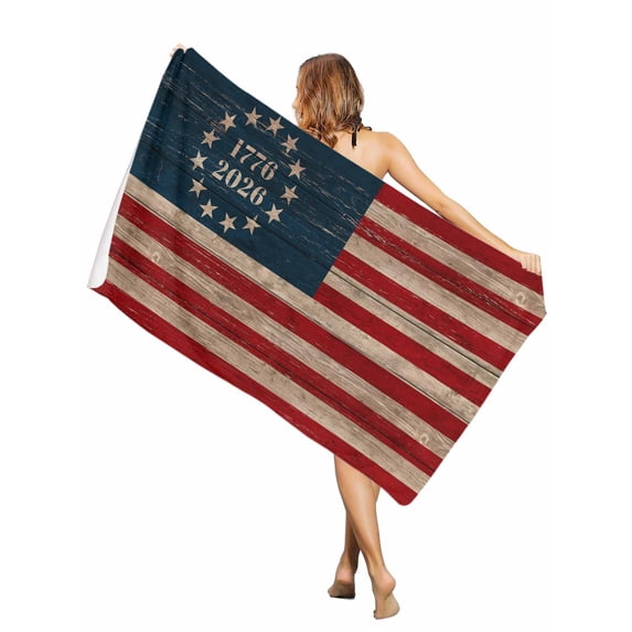 Beach Towel-250th Anniversary Patriotic Flag Microfiber Absorbent Quick Dry Oversized Travel Towels,Vintage Wood Background Sand Free Lightweight Large Towel for Pool Camping Swim,35x71in