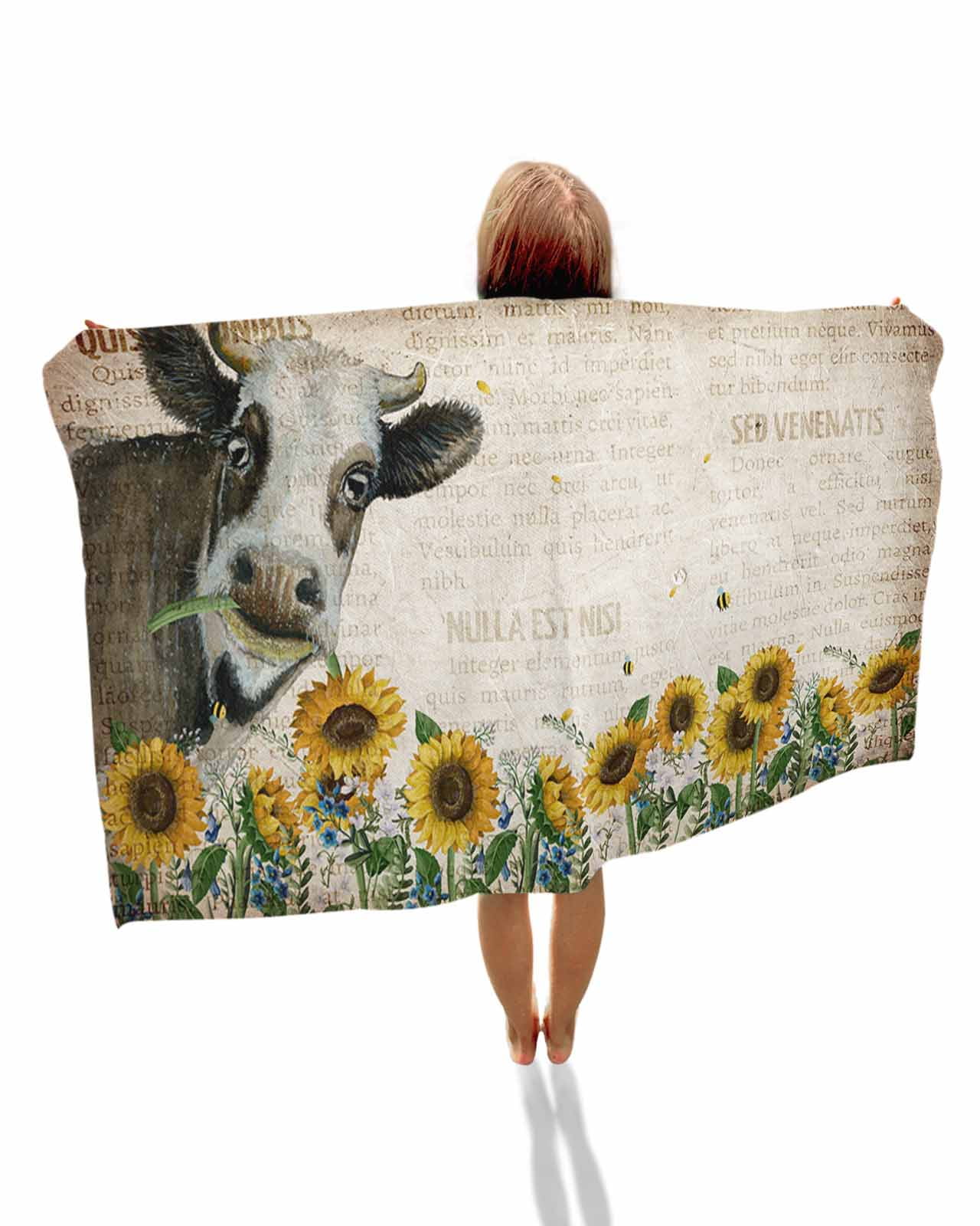 Beach Towel 35x70 In Farm Cow with Sunflowers Vintage Absorbent Beach ...