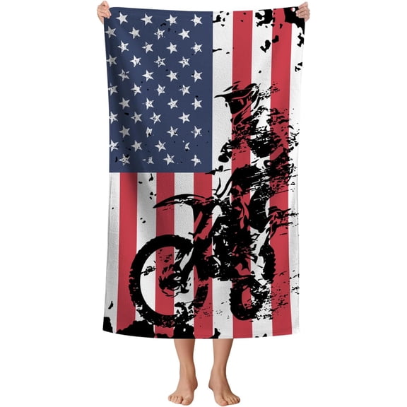 Beach Towel American Flag Motocross Beach Towel Funny Dirt Bike Black White Blue Red USA Flag Bath Towel, Motocross Gifts Beach Blanket Swim Pool Towels 32x52 Inch