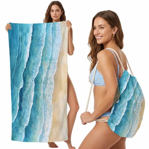 Beach Towel Backpack, Aqua Coastal 2 in 1 Soft Absorbent Beach Blanket Travel Towels for Pool Swim Gym Picnic Camping, Nautical Summer Beach Ocean Beige Portable Drawstring Bag 27.6x55 Inch