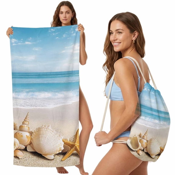 Beach Towel Backpack, Beach Coastal 2 in 1 Soft Absorbent Beach Blanket Travel Towels for Pool Swim Gym Picnic Camping, Summer Nautical Seaside Starfish Shell Portable Drawstring Bag 27.6x55 Inch