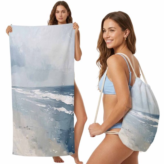 Beach Towel Backpack, Blue Coastal 2 in 1 Soft Absorbent Beach Blanket Travel Towels for Pool Swim Gym Picnic Camping, Seaside Summer Beach Nautical Portable Drawstring Bag 27.6x55 Inch