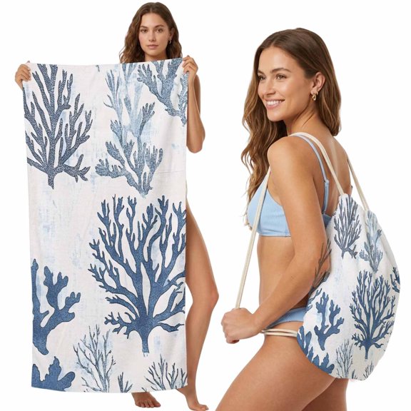 Beach Towel Backpack, Blue Grey Coral 2 in 1 Soft Absorbent Beach Blanket Travel Towels for Pool Swim Gym Picnic Camping, Coastal Watercolor Ocean Portable Drawstring Bag Large 31.5x63 Inch
